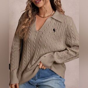 SHEIN Cable Knit Collared Sweater 0X | Taupe V Neck Preppy Pullover